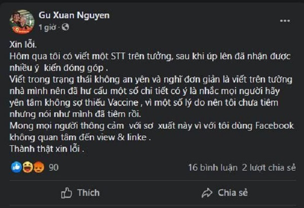 Tài khoản Nguyễn Xuân Gụ cải chính đã hư cấu việc đi tiêm vắc xin nhờ 'chú em'