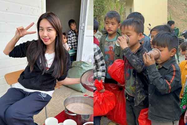 Thùy Tiên nấu trà sữa cho các em nhỏ tại Hà Giang
