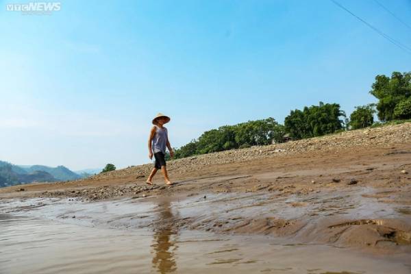Người dân đi bộ trên lòng sông Đà cạn đáy,  lo cảnh 'mất trắng' vì thiếu nước