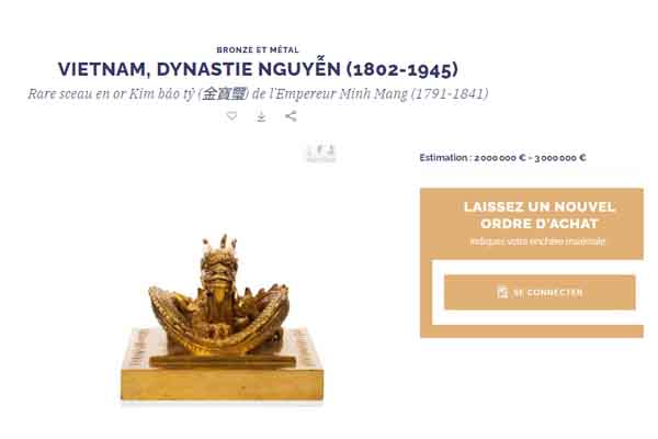 Con dấu bảo vật của vua Minh Mạng được mang ra đấu giá tại Pháp