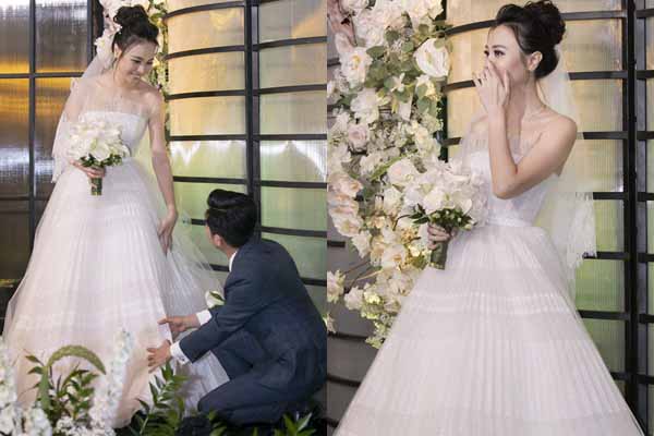 Đàm Thu Trang che mặt khóc khi đang đón khách dự tiệc cưới