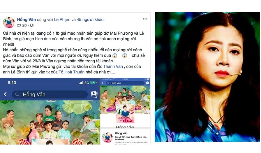 Giả Facebook nghệ sĩ, trục lợi tiền quyên góp cho Mai Phương, Lê Bình