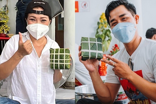 Phương Thanh, Nguyên Khang gói bánh chưng cùng y bác sĩ bệnh viện dã chiến