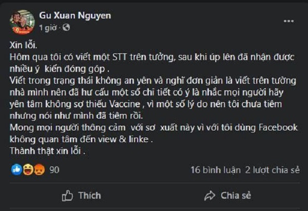 Tài khoản Nguyễn Xuân Gụ cải chính đã hư cấu việc đi tiêm vắc xin nhờ ‘chú em’