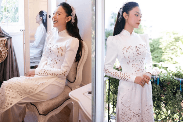Minh Hằng diện áo dài trong lễ gia tiên: mất 1 tháng thiết kế, thêu tay thủ công