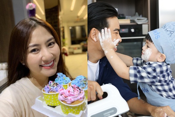 Con trai Ngọc Lan làm lấm lem mặt bố khi học làm bánh
