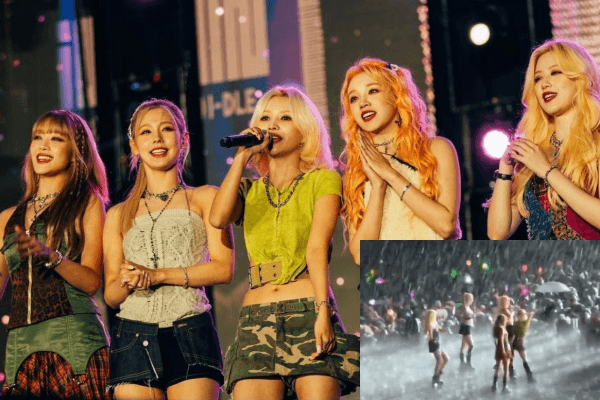 Nhóm nhạc nữ (G)I-DLE biểu diễn dưới mưa bão lớn