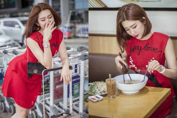 Thúy Ngân ăn vội, uống nhanh vì sợ trễ giờ bay